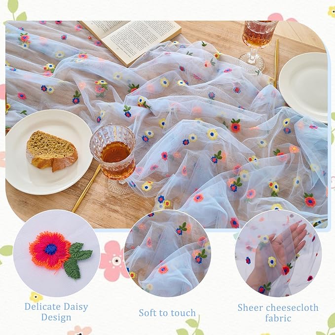 BINBE 1pcs Daisy Spring Table Runner Embroidery Gauze 10FT Florals Seasonal Tulle Holiday Birthday Kitchen Dining Table Decor for Home Party Blue