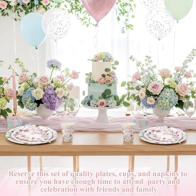 Pickmesh 250 Pcs Pink Floral Baby Shower Party Supplies Decorations Serve 50 Wildflower Welcome Baby Disposable Paper Plates Napkins and Cups for Birthday Babies Girl Shower Gender Reveal Party Decor