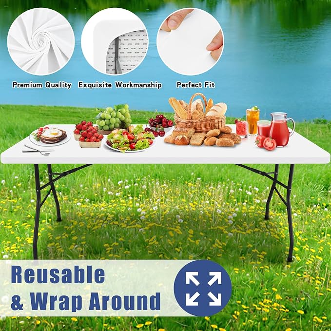 Moosfor Spandex Rectangle Table Cloth 4 Pack, Elastic Fitted Tablecloths for Picnic, Stretch Washable Patio Table Cover for Outdoor, Camping, Banquet and Parties (White, 36"x72")
