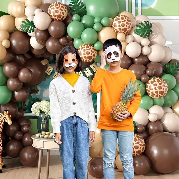 Sage Green Brown Balloon Arch Kit, Safari Balloons Arch with Olive Green Gold Animal Print Balloons Dark Brown Coffee Nude Balloon for Jungle Safari Wild Birthday Baby Shower Party Decoration
