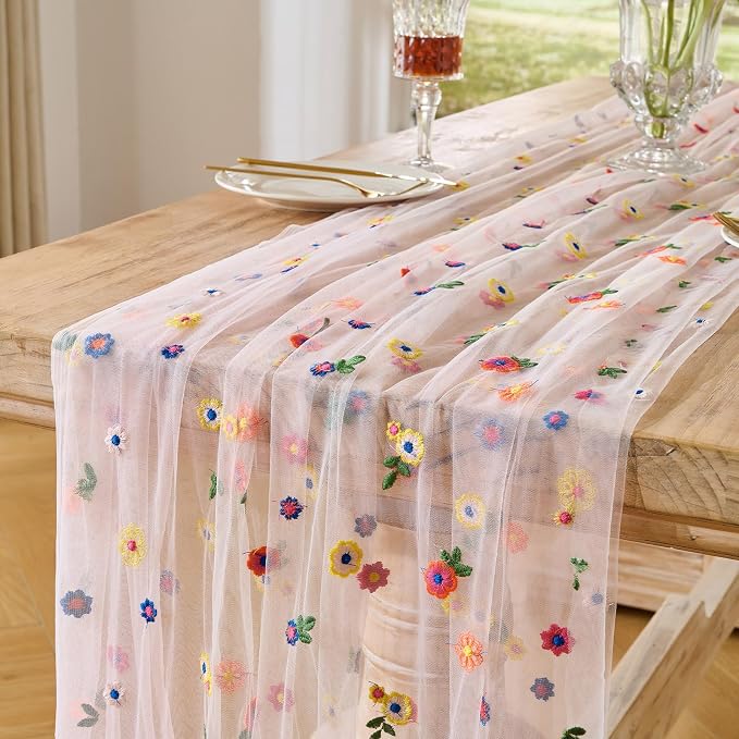 BINBE 12pcs Daisy Spring Table Runner Embroidery Gauze 10FT Florals Seasonal Tulle Holiday Birthday Kitchen Dining Table Decor for Home Party Pink