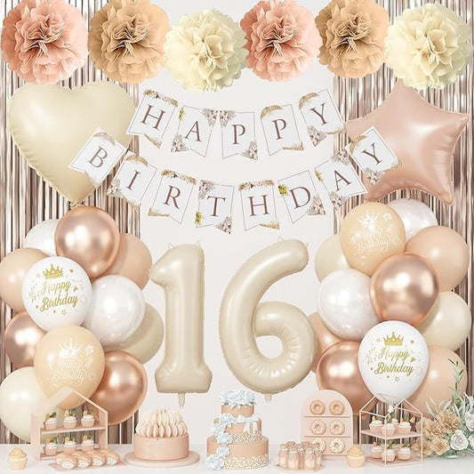Sweet 16th Beige Birthday Decorations, Cream Foil Number 16 Heart Brown Star Balloons Boho White Gold Nude Balloon with Neutral Happy Birthday Banner Fringe Curtain Paper Pom Poms Girls Party Decor