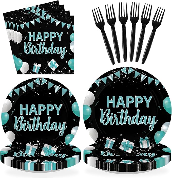 96 Pcs Happy Birthday Party Supplies Teal Blue and Black Decorations 350 GSM Disposable Turquoise Birthday Party Plates and Napkins Set Teal Blue Black Decorations for Graduations Kid Adults Serves 24