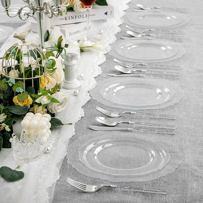 Liacere 150PCS Clear Silver Plastic Plates & Disposable Silver Plastic Silverware with Glitter Bamboo Handle Cutlery-Baroque Clear Disposable Plates for Wedding & Party