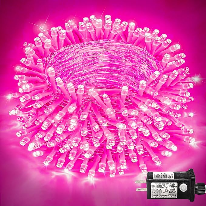 132 FT 400 LED Pink Christmas String Lights, Christmas Lights Outdoor with Waterproof 8 Modes, Plug in Clear Wire Twinkle Fairy Lights for Valentines Day Wedding Party Tree Holiday Decorations