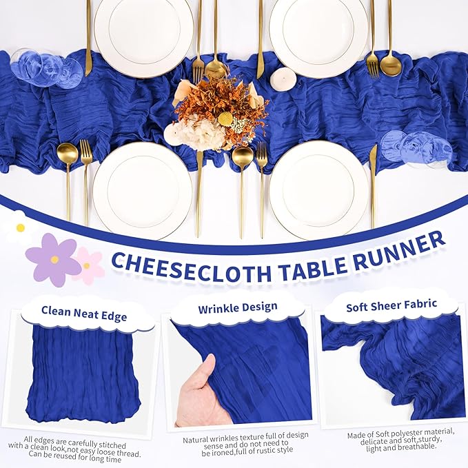 6 Pack Royal Blue Table Runner, Cheesecloth Table Runner Long Romantic Semi Sheer Rustic Boho Gauze Table Runners for Wedding Bridal Shower Birthday Party Decorations(17.7×108 Inch)