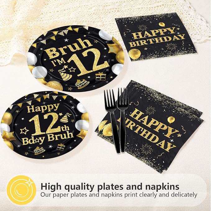96 Pcs Bruh 12th Birthday Party Decorations Black Gold Bruh I’m 12 Plates and Napkins It's My 12th Birthday Tableware Set for Teen Boys and Girls 12 Years Old Party Supplies, Serves 24