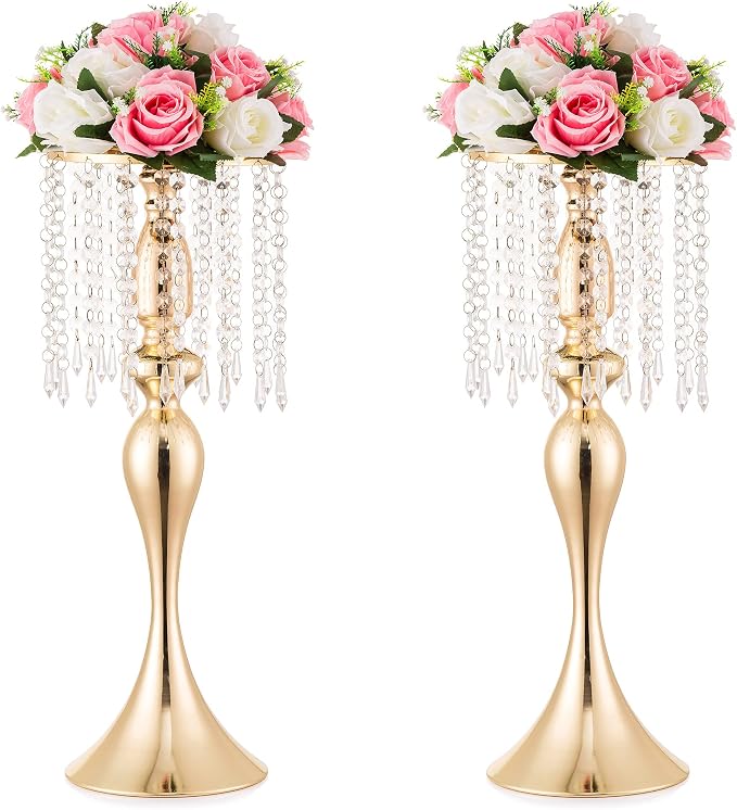 Gold Vase Stand Table: 21.3in Wedding Centerpieces, Set of 2 | High End Crystal Design Vase Stand for Wedding Party Reception Birthday Event Home, Tall Table Center Piece
