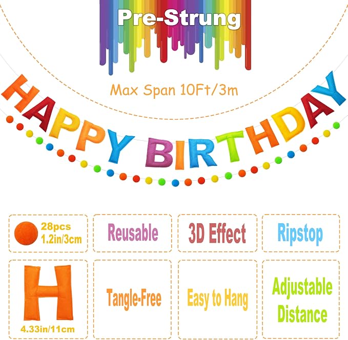 2 PCS Pre-Strung 3D Felt Happy Birthday Banner - Reusable Rainbow Happy Birthday Decorations Sign, Felt Ball Garland, Pom Pom Garland, Party Decor, Photo Prop（Retro Cartoon Color Scheme）