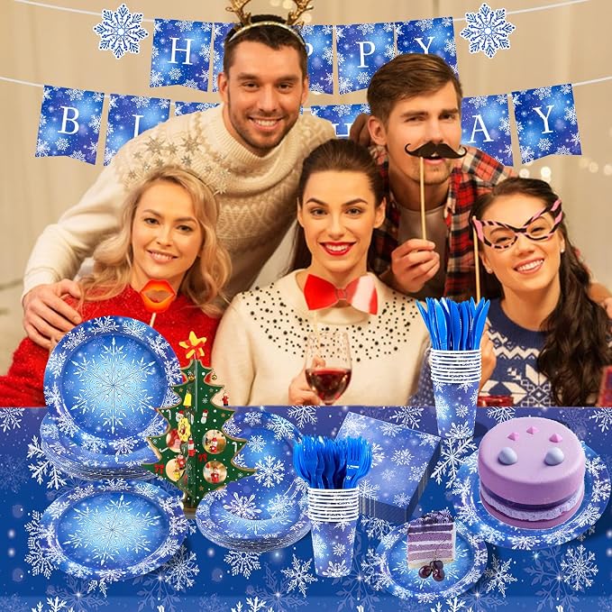 182PCS Winter Snowflake Frozen Birthday Party Supplies,Frozen Plates and Napkins Sets,for Christmas Winter Wonderland Party Supplies Table Decor, Serves 30