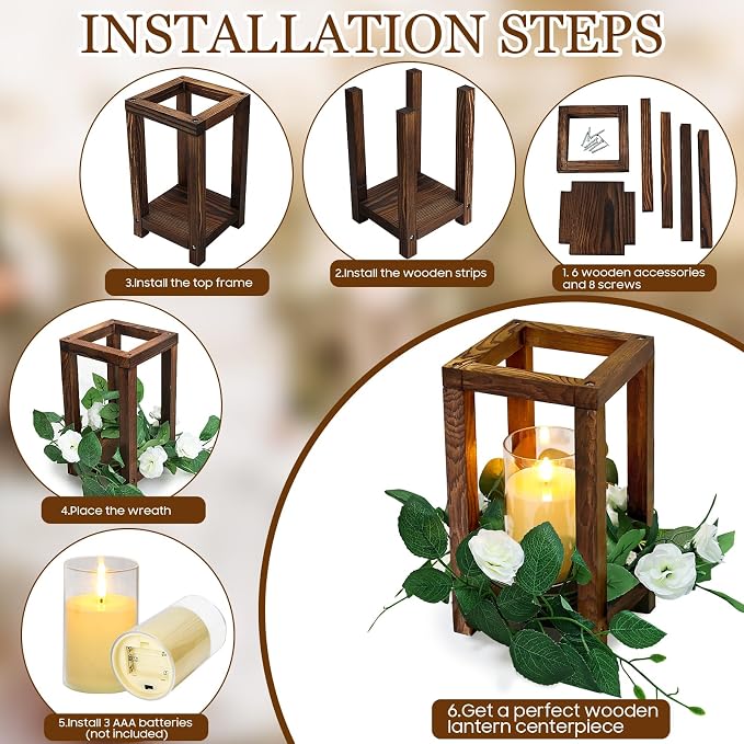 18 Pcs Wooden Lanterns - 6 Wooden Wedding Centerpieces 6 White Roses Candle Wreaths 6 LED Flameless Candles for Rustic Farmhouse Country Wedding Party Table Decor