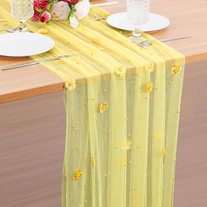 BINBE Flower Pearl Table Runner Spring Summer Rustic Boho 10ft Tulle Table Runner for Baby Shower Wedding Veil Holiday Dessert Table Decor Yellow