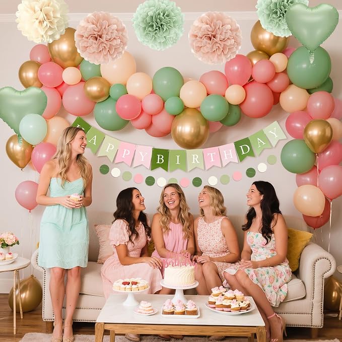 Pink and Green Birthday Decorations, Party Décor for Women, Happy Birthday Decorations with Birthday Banner Fringe Curtain