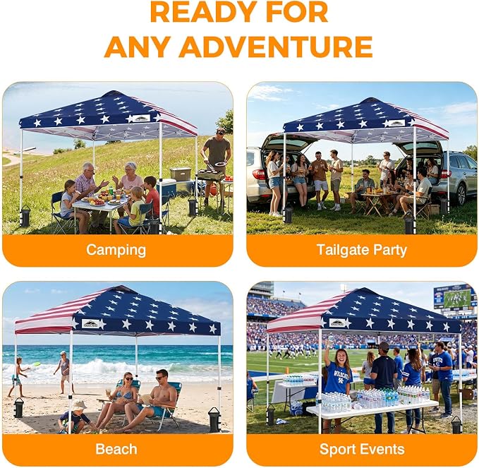 EAGLE PEAK Pop Up Canopy Tent with Wheeled Carry Bag, 8 Stakes, 4 Ropes, 4 Weight Bags, Easy Set Up Tent Canopy, 10x10 ft, 100sqft of Shade, American Flag