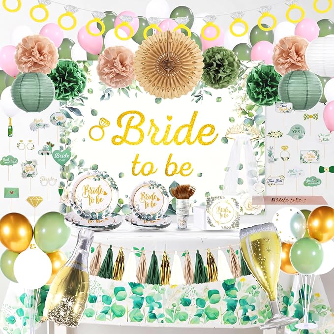 265 Pcs Sage Green Bridal Shower Decorations Eucalyptus Bachelorette Party Decoration Bride to Be Disposable Dinnerware Set with Tablecloth Veil Tablecloth Photo Booth Props, Serve 25 Guest