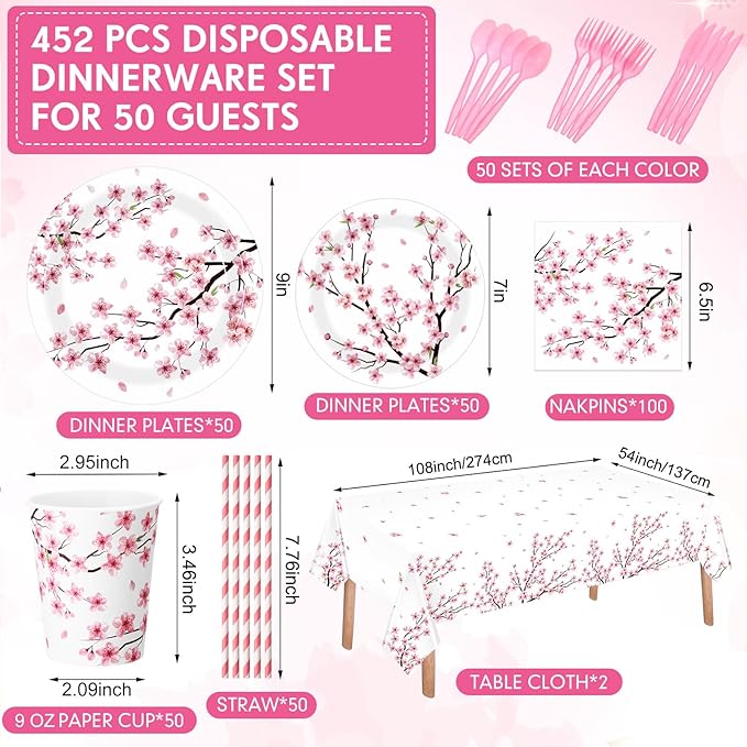 Funnymoom 452 Pcs Cherry Blossom Party Decorations Supplies Include Cherry Blossom Paper Plates Napkins Cups Tablecloth Cutlery Straws for Baby Shower Birthday Bridal Shower Wedding Party
