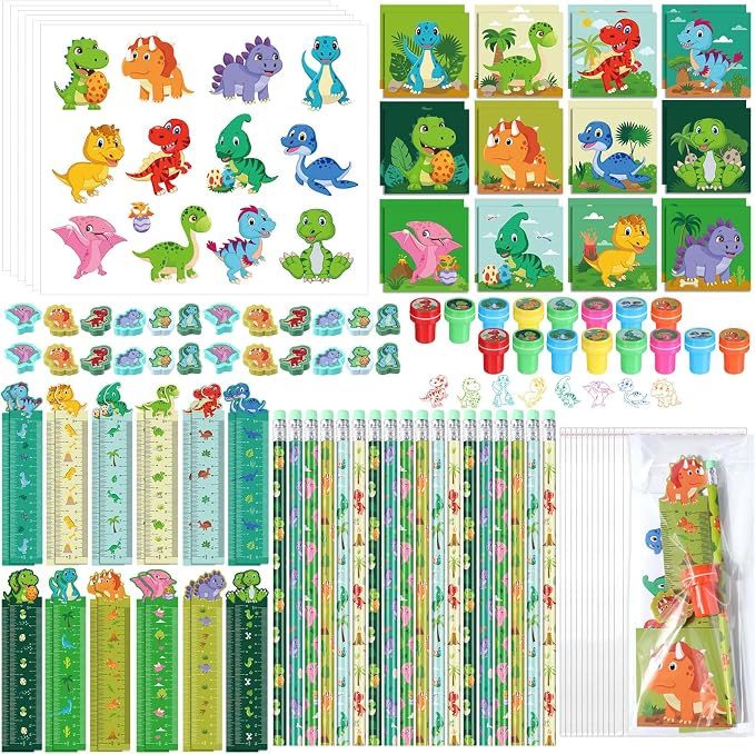 PerKoop 168 Pcs Dinosaur Party Favors Dinosaur Birthday Party Supplies Goodie Bags for Boys Girls Birthday with Notebook Pencil Sticker Stamp Stationery Gift Bag Fillers Piñata Stuffers Prize