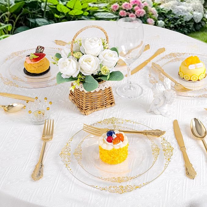 102PCS Clear Gold Plastic Plates - Clear Disposable Plates with Gold Rim - Elegant Party Plate Include 51PCS Dessert Plates, 51PCS Dinner Plate for Weddings & Parties