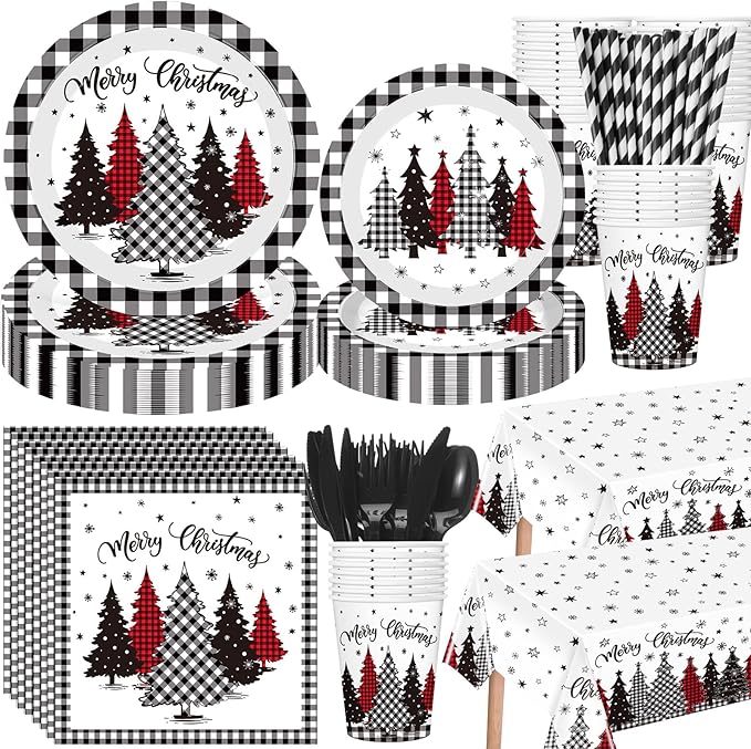 Funnymoom 452 Pcs Christmas Tree Party Supplies for 50, Black Buffalo Plaid Gingham Christmas Paper Plates Napkins Cups Tablecloth Cutlery Straws Tableware Set for Xmas Holiday Party Decorations