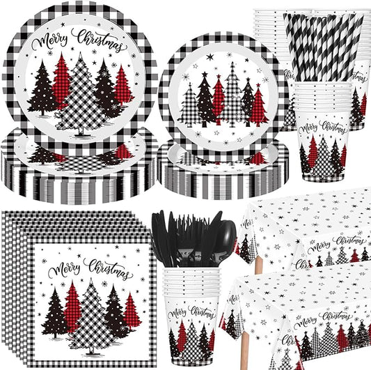 Funnymoom 452 Pcs Christmas Tree Party Supplies for 50, Black Buffalo Plaid Gingham Christmas Paper Plates Napkins Cups Tablecloth Cutlery Straws Tableware Set for Xmas Holiday Party Decorations