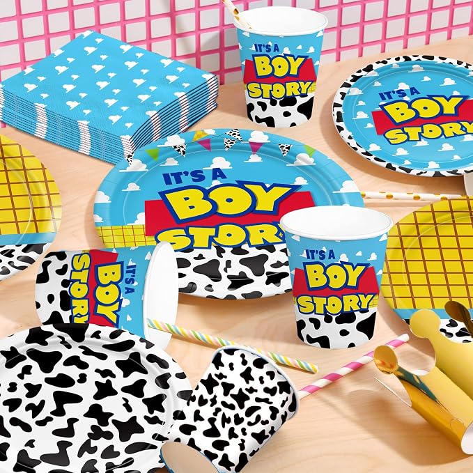 120pcs Toy Baby Shower Decorations Plates Napkins It's Boy Paper Cup Disposable Tableware Set Cartoon Baby Shower Party Kids For 30 Guests