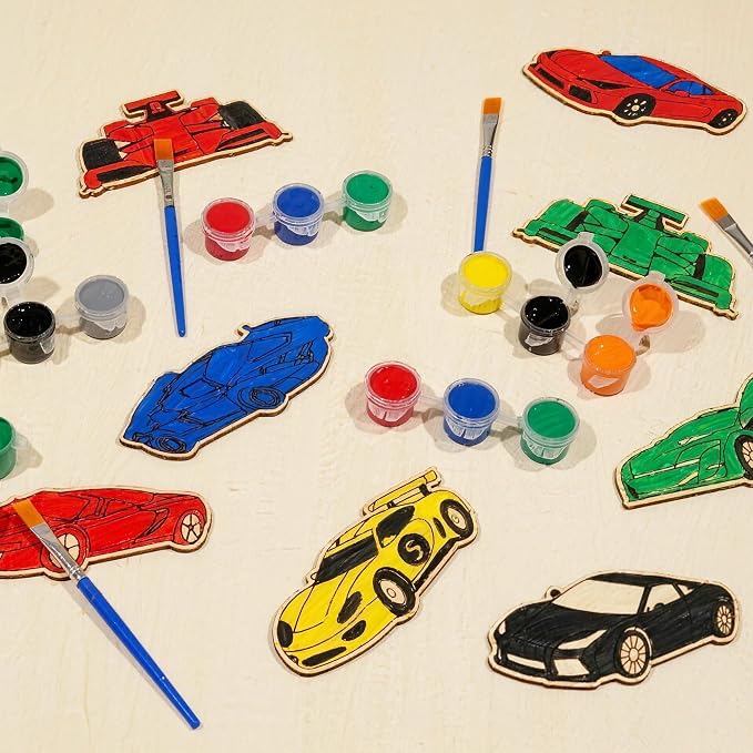 HandTool Race Car Party Favors,24 PCS DIY Wooden Car Painting Crafts Kit for Kids with Paints&Magnets,Bubble Wands,DIY Cards and Gift Bags,Birthday Supplies for Kids Classroom Rewards Gifts Bulk