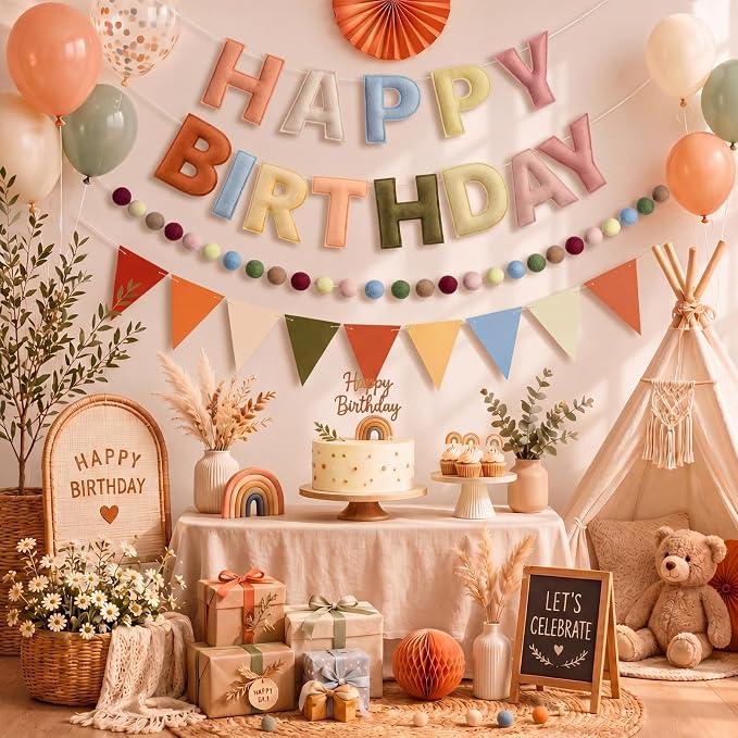 Pre-Strung Happy Birthday Banner Boho Reusable Felt Birthday Party Decorations 3D Effect HappyBirthday Sign with Felt Ball Garland, Pennant Flag for Men Women Boy Girls