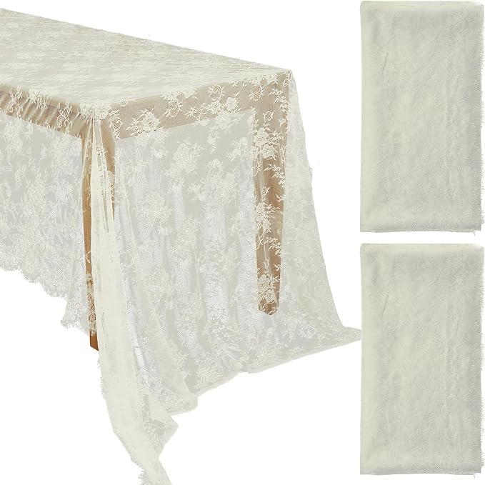Honeydak 2 Pcs Lace Tablecloth Rectangular 60 x 120 Inch Wedding Rustic Tablecloth Overlay Rose Vintage Embroidered Wedding Reception Party Table Cover Decorations for Bridal Tea Party (Beige)