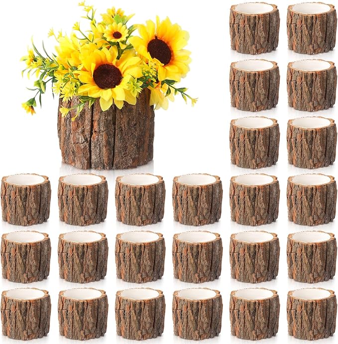 24 Pcs Wooden Vase for Centerpieces Wedding Flower Table Centerpieces Woodland Party Decor Rustic Farmhouse Bark Stump Buckets Vintage Planter Pots for Garden Baby Shower Window Home (Large)