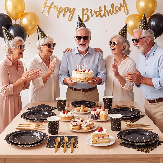 175 Pcs Black and Gold Plates and Napkins, Disposable Black Gold Dinnerware Include Scalloped Party Plates Napkin Cups Plastic Cutlery for Men Birthday Graduation Retirement Congratulations