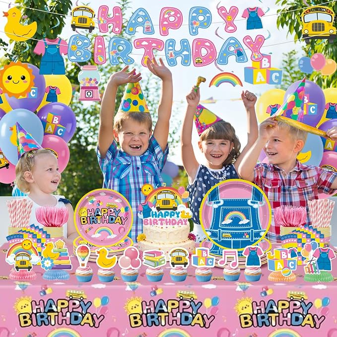 197pcs English Teacher Party Supplies, Cartoon Teacher Themed birthday party decorations with Tableware, Cake Decorations & Hanging Accessories, Serves 24 Guests