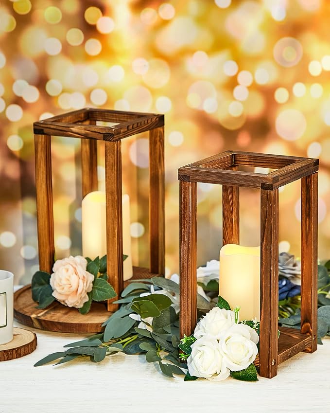 Huquary 24 Pcs/12 Set Wooden Wedding Lantern Centerpiece Rustic Lantern Candle Holders with Flameless LED Candles for Home Christmas Wedding Party Table Decoration(Brown)