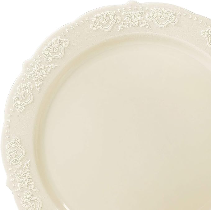 OCCASIONS 240 Pack (120 Guests) Fancy Vintage Disposable Plastic Plates Set, Heavy Duty Wedding Party Dinnerware, 120x10.25" Dinner, 120x7.5" Salad/Dessert, BPA Free, China-Like Look (Portofino Ivory)