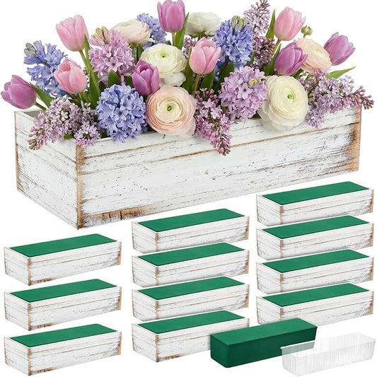 Dandat 12 Set Wood Boxes for Centerpieces 12x4 Inch Rectangle Wooden Planter Box Rustic Wooden Planters with Removable Plastic Liner Floral Foam Blocks for Christmas Wedding Home Garden Decor(White)