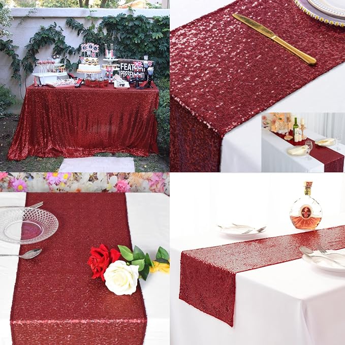 12 Packs Sequin Table Runner Glitter Dining Table Runner for Birthday Wedding Engagement Bridal Baby Shower Bachelorette Holiday Celebration Party Supplies Decorations (12" x 72", Burgundy)