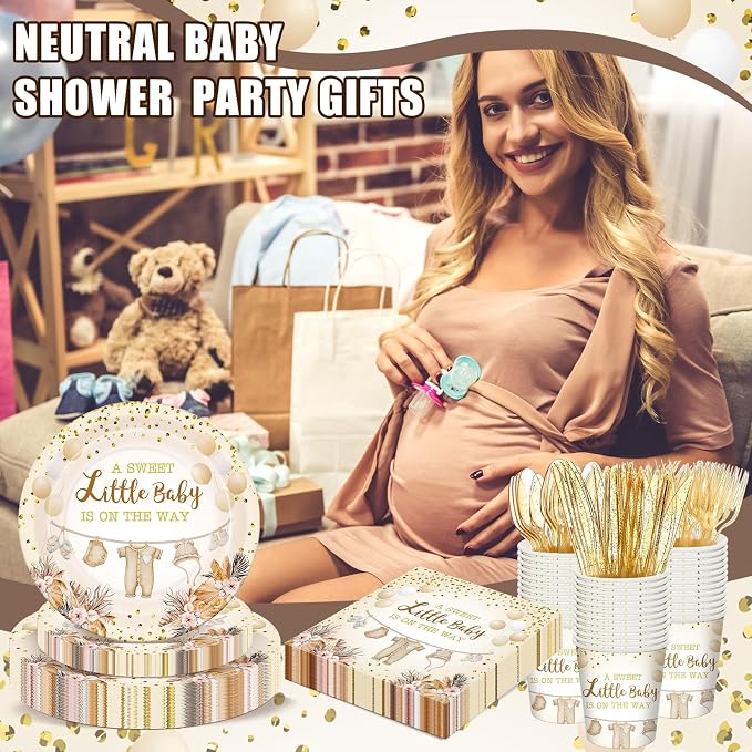 168 Pcs Neutral Gold Baby Shower Decorations Boho Gender Reveal Party Favors a Sweet Little Is on The Way Plates and Napkins Disposable Tableware Set Serve 24
