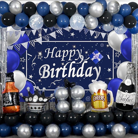 Blue Happy Birthday Decorations for Men Boys, 89PCS Blue Black Birthday Decorations Kit with Backdrop Banner Foil Balloons Fringe Curtains for 18th 21st 25th 30th 35th 40th 50th 60th Party Supplies