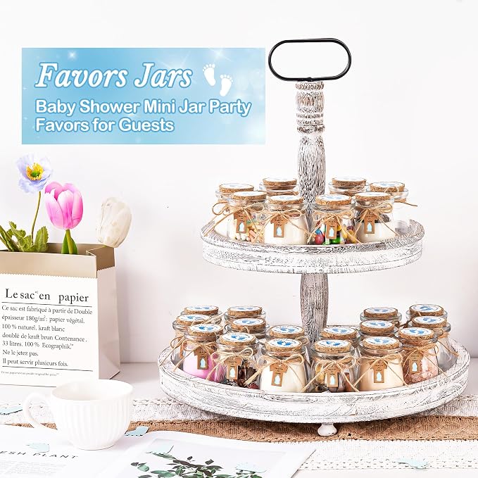 36 Pcs Baby Shower Party Favors for Guests, Baby Shower Gifts for Guest, 3.4 oz Small Glass Mason Jars with Cork Lids, Stickers, Label Tags, Twine, Organza Bags, Mini Candy Jar Favors for Boy