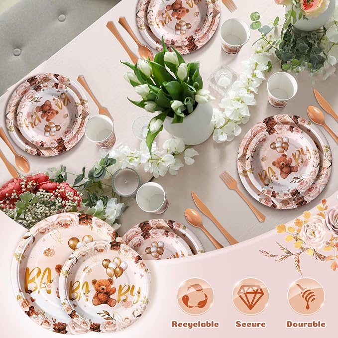 FillTouch 350 Pcs We Can Bearly Wait Bear Plates Baby Shower Party Supplies Set Disposable Paper Plates Napkins Cups Knives Forks Spoons for 50 Guests Baby Shower Party Birthday