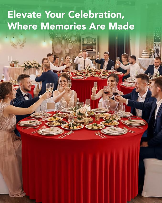 6 Pack Spandex Table Cover Skirts for 60 inch Round Tables, Red Stretch Table Cloths with Floor-Length Ruffle, Elastic Fitted Skirted Tablecloth for Elegant Wedding Banquet Party Buffet Decoration