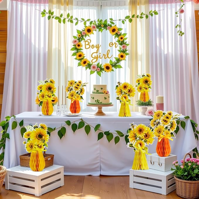 SUNBEAUTY 9 PCS Sunflower Honeycomb Centerpieces Sunflower Party Decorations Yellow Honeycomb Table Centerpiece for Spring Summer Garden Themed Birthday Baby Shower Decor