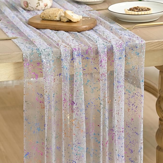 Artoid Mode Colorful Gold Gauze Table Runner 59x120 Inch 10FT, Glitter Metallic Foil Sheer Dining Wedding Anniversary Holiday Birthday Table Decor for Home Party