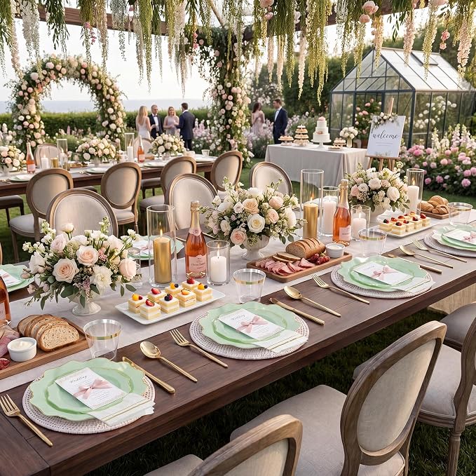 WDF 175Pcs Sage Green Plastic Plates With Gold Rim - Disposable Sage Green Plates 25guest Disposable Dinnerware Ideal for Party/Wedding/Spring Party/First Communion