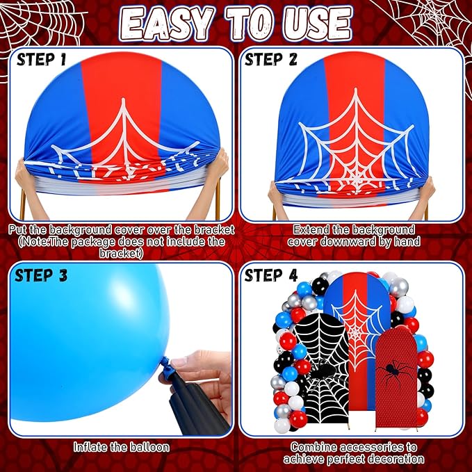 Foilswirl 34 Pcs Spider Birthday Party Decorations 3 Spider Web Arch Backdrop Covers (4/5/6ft) Web Spandex Arch Cover with 30 Red Blue and Black Silver Balloons for Birthday Party Photo Props Decor