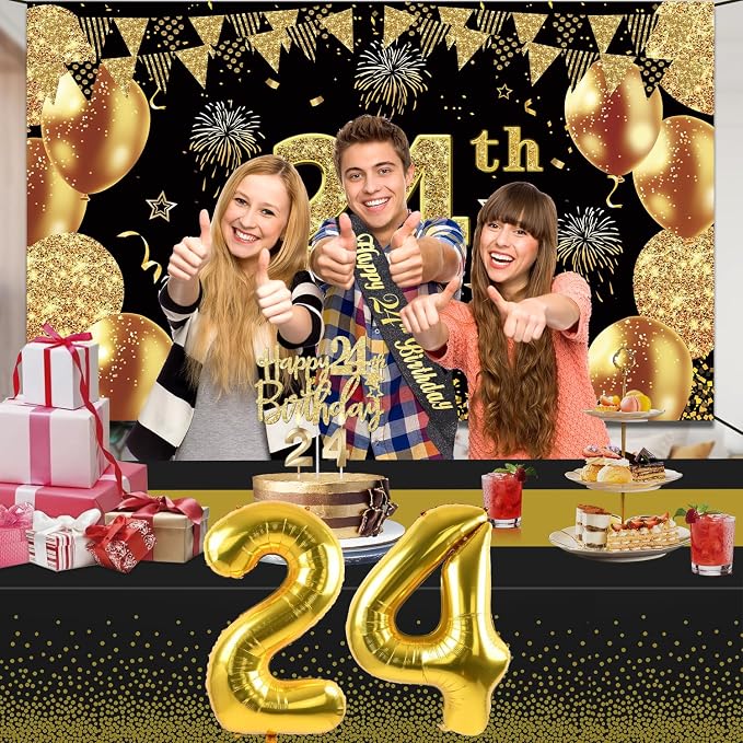 24th Birthday Decorations Men Women with 24th Birthday Banner, Black and Gold Table Cloth, Number Balloons, Large Sash, Cake Topper and Candles