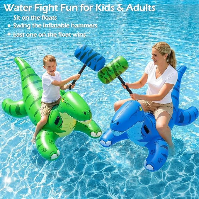Jasonwell Pool Games Toys Floats -2Pack Inflatable Dinosaur Pool Floats with Blow Up Toy Hammers Ride on Pool Floaties for Kids Teens Adults Lounge Raft Summer Lake Beach Party Decorations