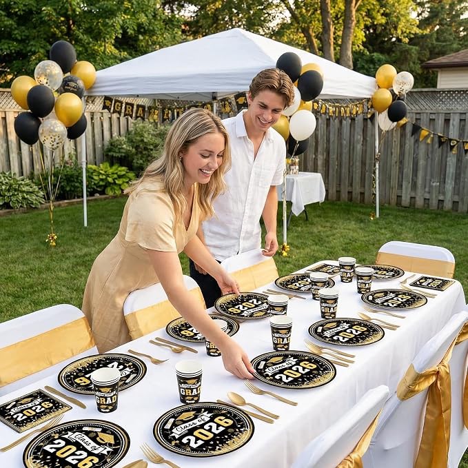 2026 Graduation Party Supplies 168PCS Black Gold Graduation Tableware Set Serves 24 Guests, Disposable Plates Cups Napkins Cutlery for Graduation Deco