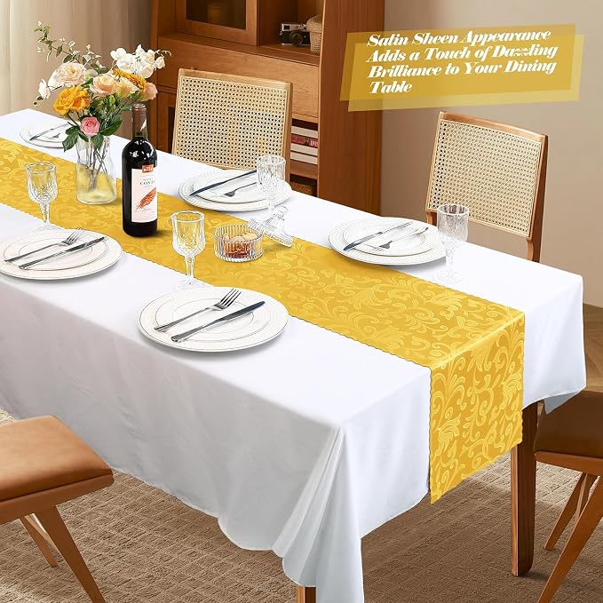 MILVOWOC 4 Pack Gold Satin Table Runner, 12 x 72 Inch Jacquard Damask Table Runner Rectangle Bright Silky Decorative Table Runner for Party Banquet Birthday Dinner Wedding Table Decor