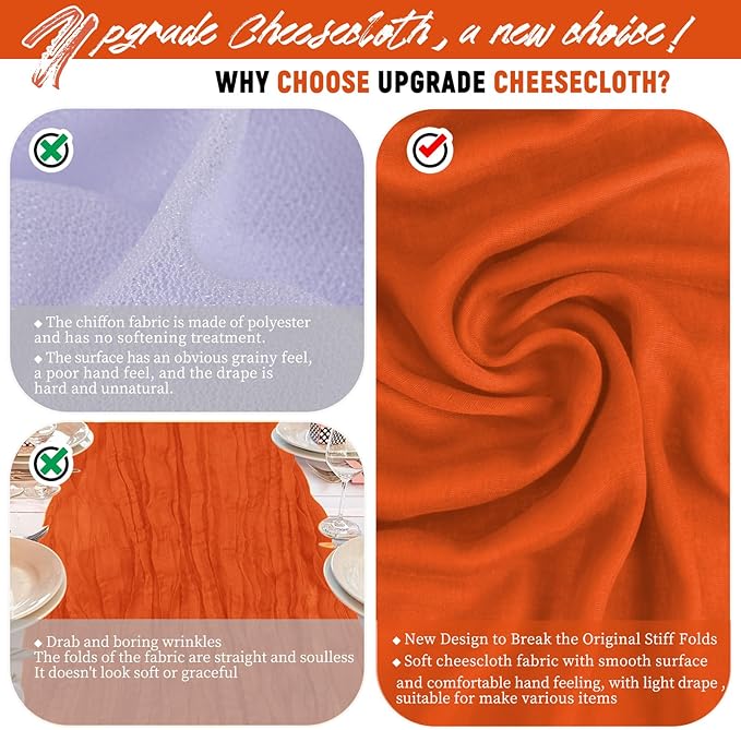 24 Packs Orange Cheesecloth Table Runner,10ft Rustic Gauze Boho Wedding Table Runner Decoration, Wedding Table Decor Sheer Table Runner for Wedding Party Bridal Shower Table