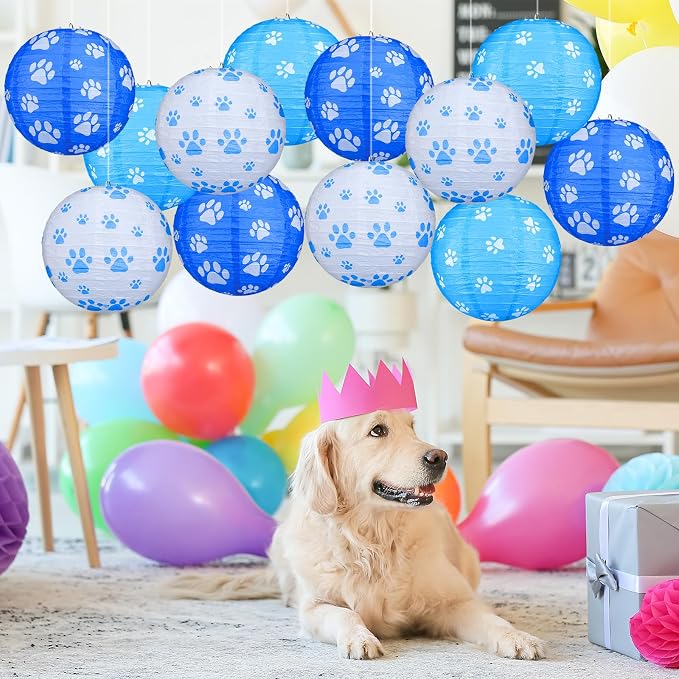 Panelee 12 Pcs Dog Paw Print Paper Lanterns Puppy Themed Party Decorations Blue and White Pet Paw Print Round Hanging Lanterns 8 Inch for Dog Birthday Party Decorations Supplies Indoor Outdoor